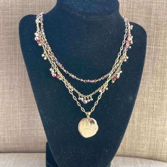 Style & Co. Necklaces Gold plated Multi Rows Faceted Beads Hammered Coin Pendant - Picture 1 of 12